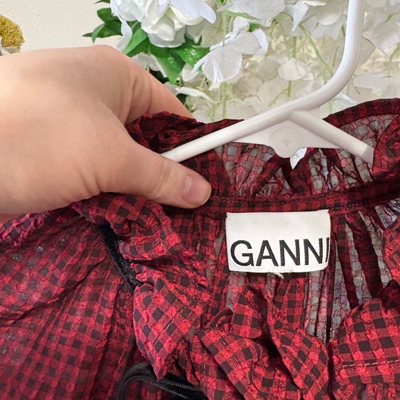 Ganni Red & Black Check Seersucker Tie Neck Shirt ♥️ - Picture 11 of 15